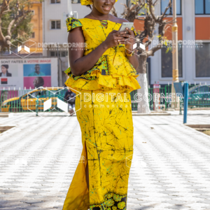 Jeune femme africaine souriante, dans un jardin public avec un téléphone à la main. Technologie, Informatique, transfert d’argent, Commerce en ligne, E-learning